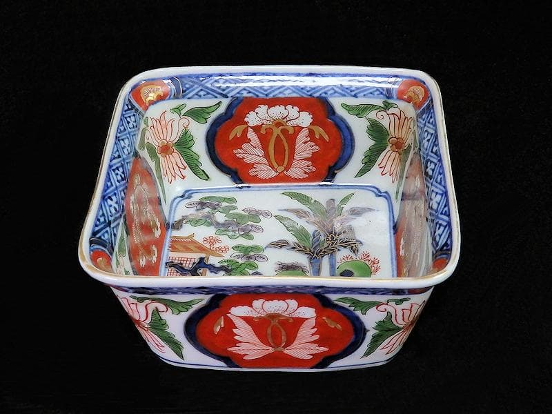 古伊万里　金襴手　欄干に芭蕉葉の図　四方角向付　A105AS-BQi