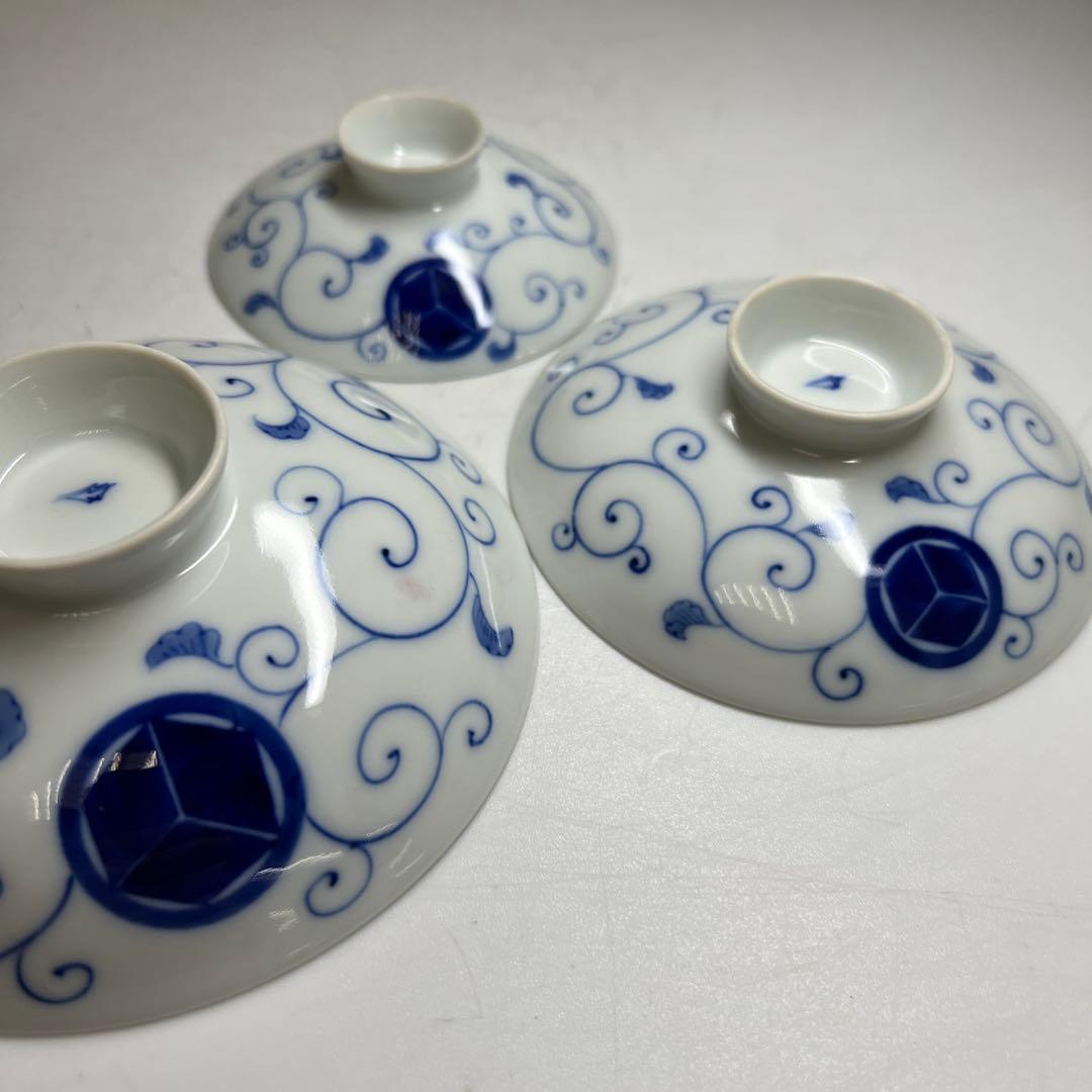 時代 深川製 染付三ツ盃 木箱付 直径11.6/9.6/7.9㎝