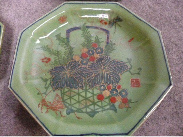 古錦 花篭手 青磁 八角皿 4枚 [B31327]