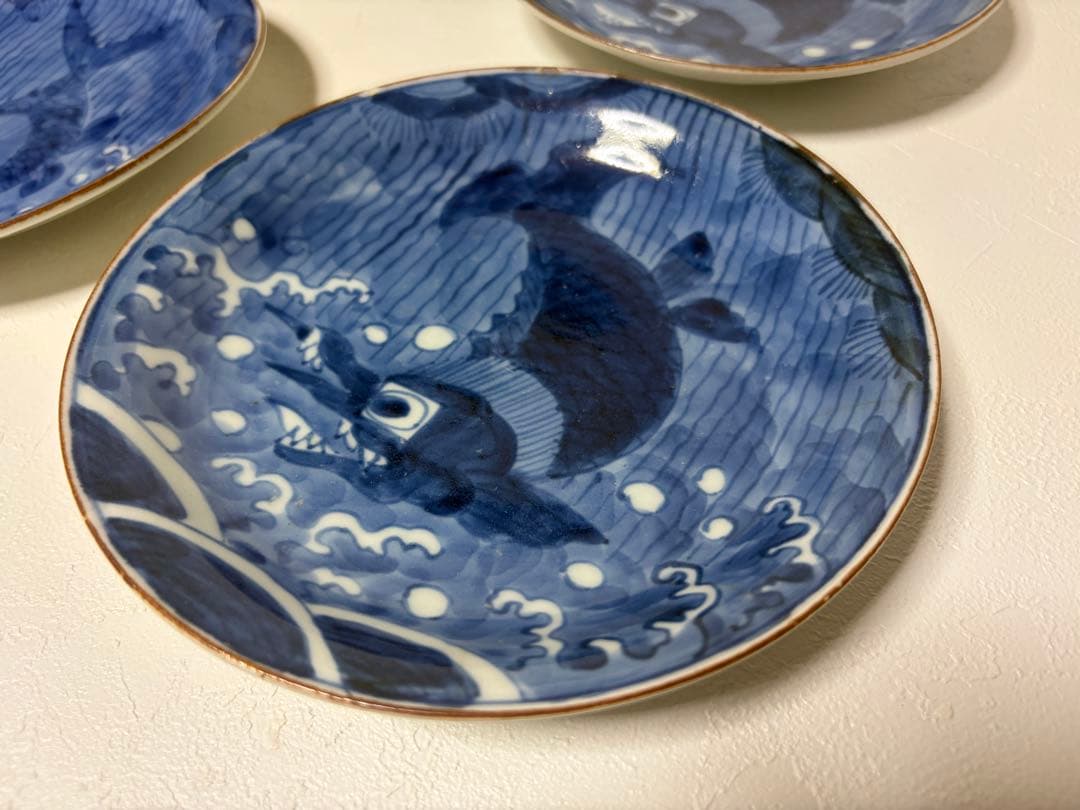 中国古玩 新渡 染付 皿 在銘 唐物 時代物 6枚セット 鯱