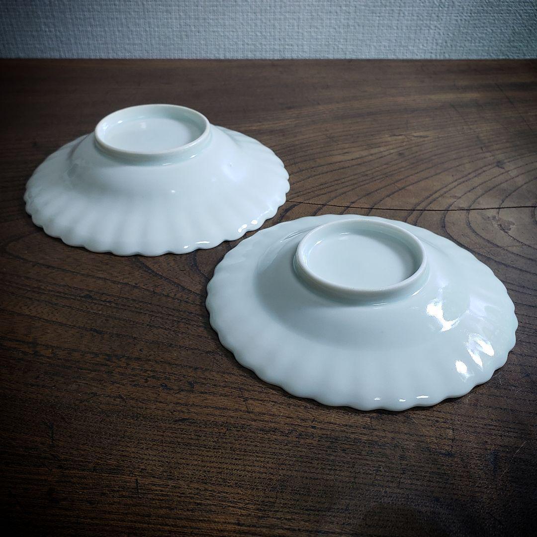 菊花形 皿 輪花 二枚 白磁 染付 四弁花 薄造 明治 大正 訳あり 欠け