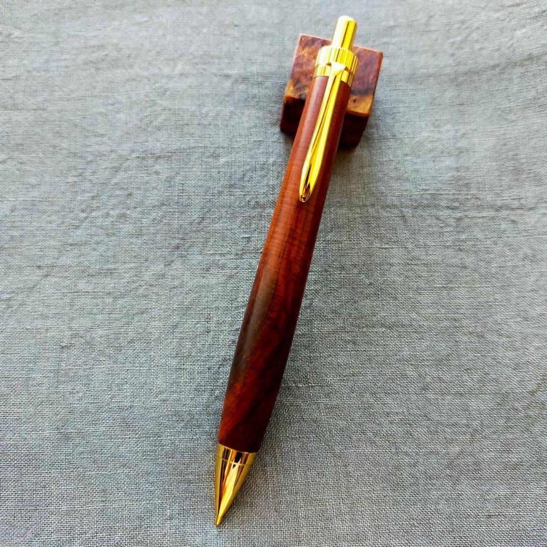 本紫檀　糸縮杢　ハンドメイド　木軸シャープペン　0.5mm　天然木　ゴールド