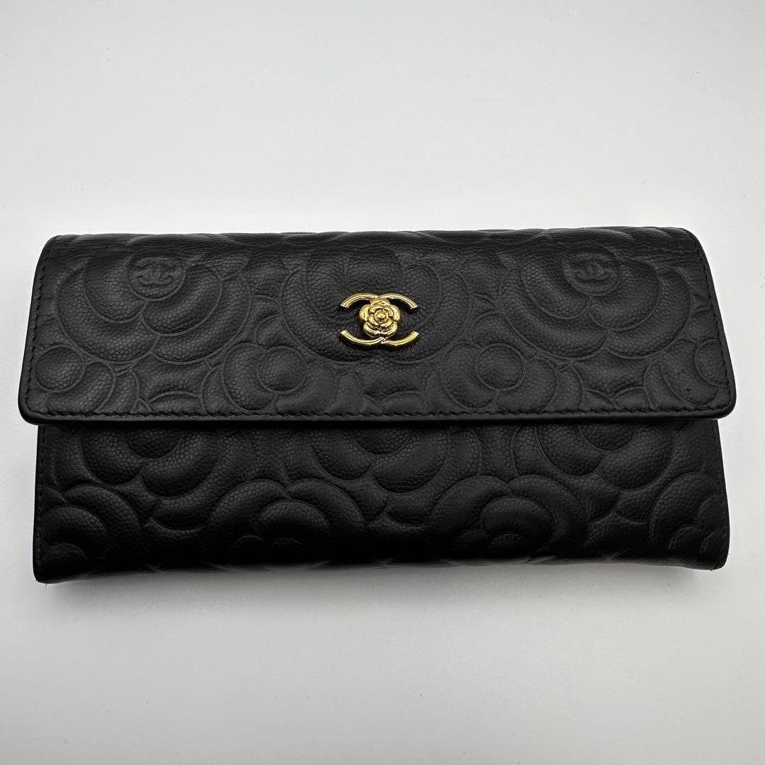 CHANEL シャネル 財布 カメリア キャビアスキン 二つ折り ゴールド金具