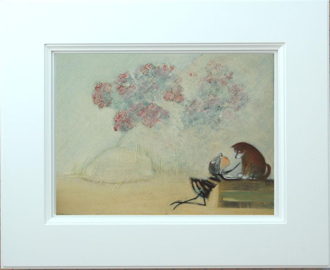 油絵菅家令子 絵 絵画インテリア額付(青緑＋金色の枠)uF6-071619犬女子