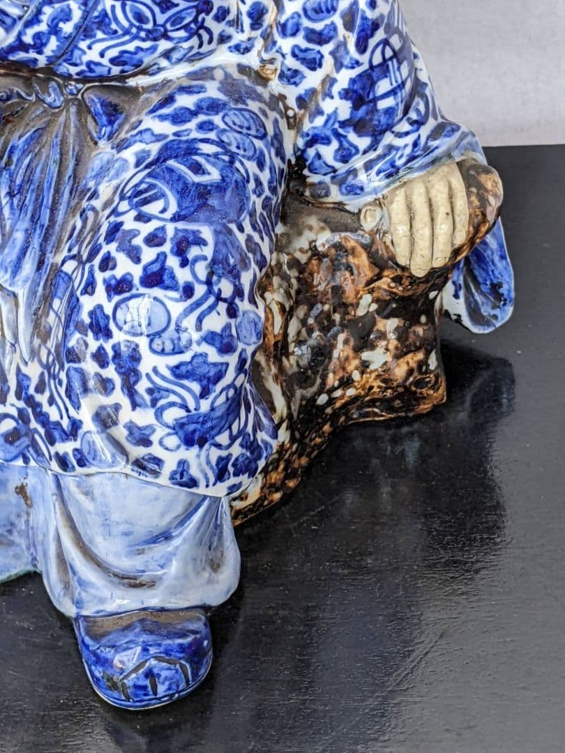 九谷焼 八幡窯 染付 寿老人 七福神 縁起物 置物 床飾 箱無 高：28㎝