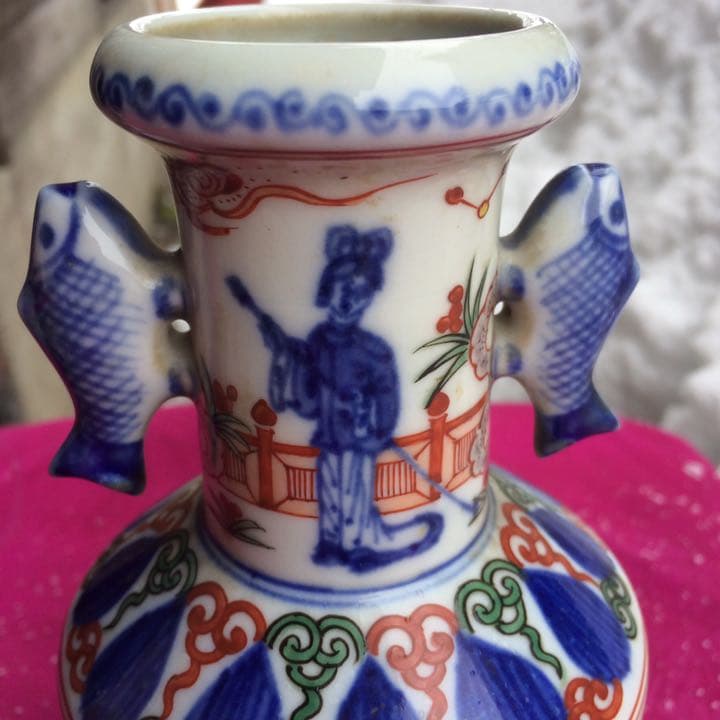 2067様感謝‼️大陸の彩魚耳 南画調 在銘　萬歴倣い  壺