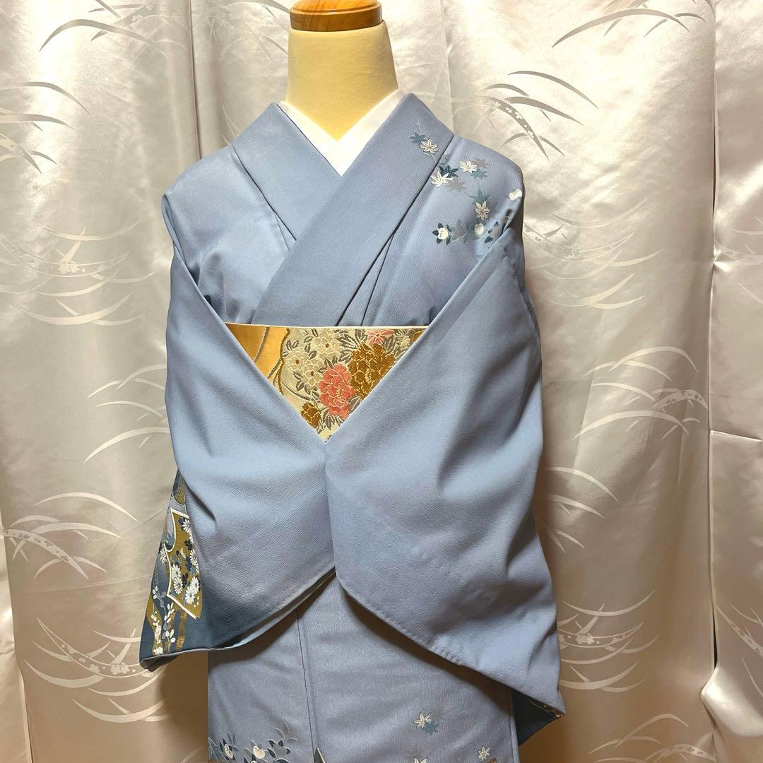 胴抜き】洗える着物 訪問着 グレイッシュな水色 レディース