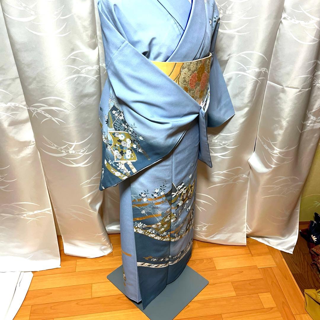 胴抜き】洗える着物 訪問着 グレイッシュな水色 レディース