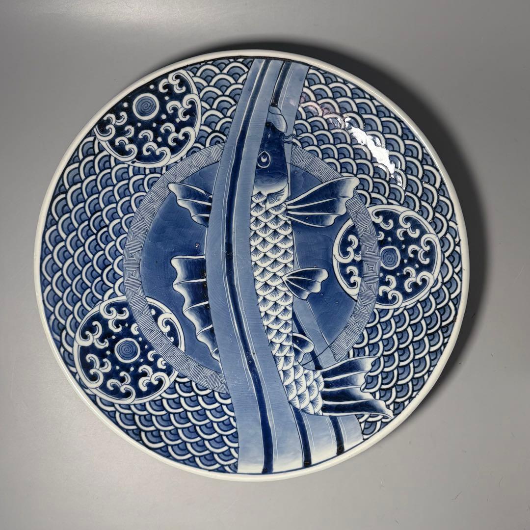 古伊万里　染付　鯉の滝登り図大皿　登竜門　42.2cm　変形字「乾」　江戸後期