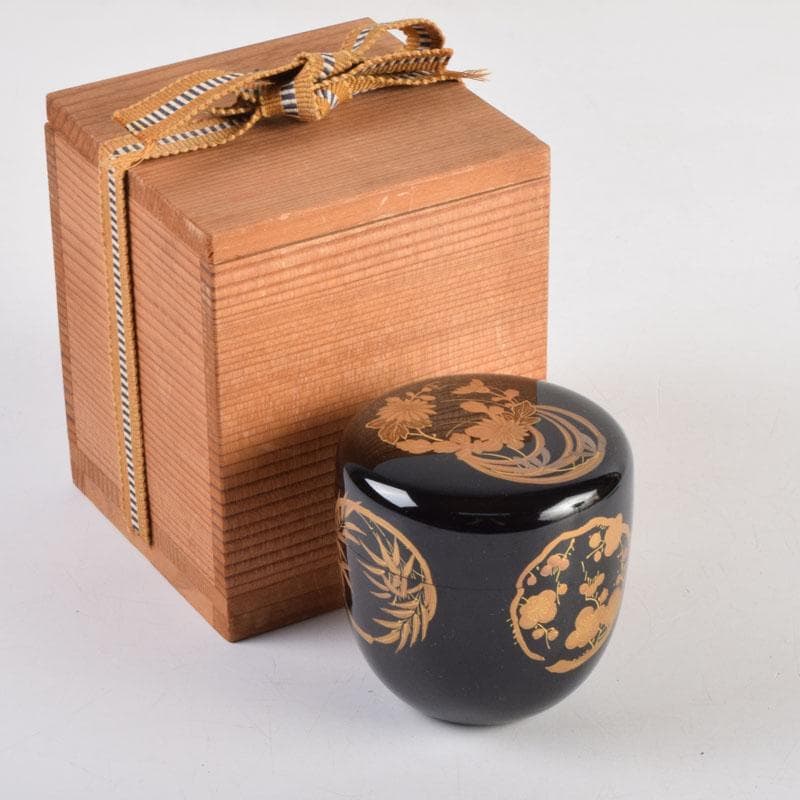 茶道具 和田寿峰作 水目 黒真塗 菊桐蒔絵 中棗 共箱