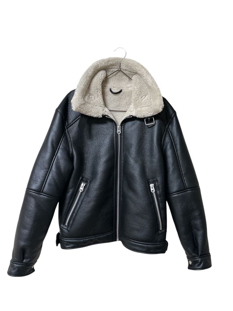 ZARA MENS ボア襟付き黒レザージャケット