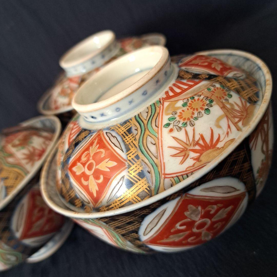 「蓋茶碗の色絵とフォルムを楽しむ！」 古伊万里茶碗(直径11.5cm)3客セット 蓋茶碗の色絵とフォルムを楽しむ！」 古伊万里茶碗(直径11.5cm)3客