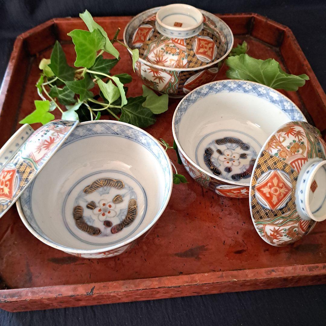 蓋茶碗の色絵とフォルムを楽しむ！」 古伊万里茶碗(直径11.5cm)3客