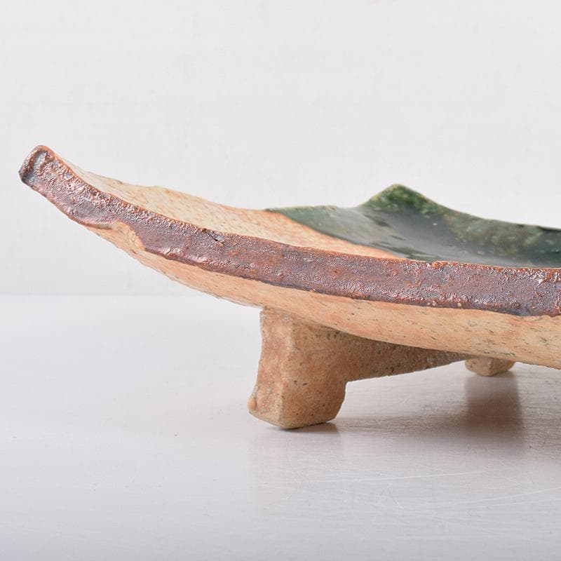 北大路魯山人作 織部焼 鳥絵 長四方皿 狙板 共布 極め箱 D R7695B