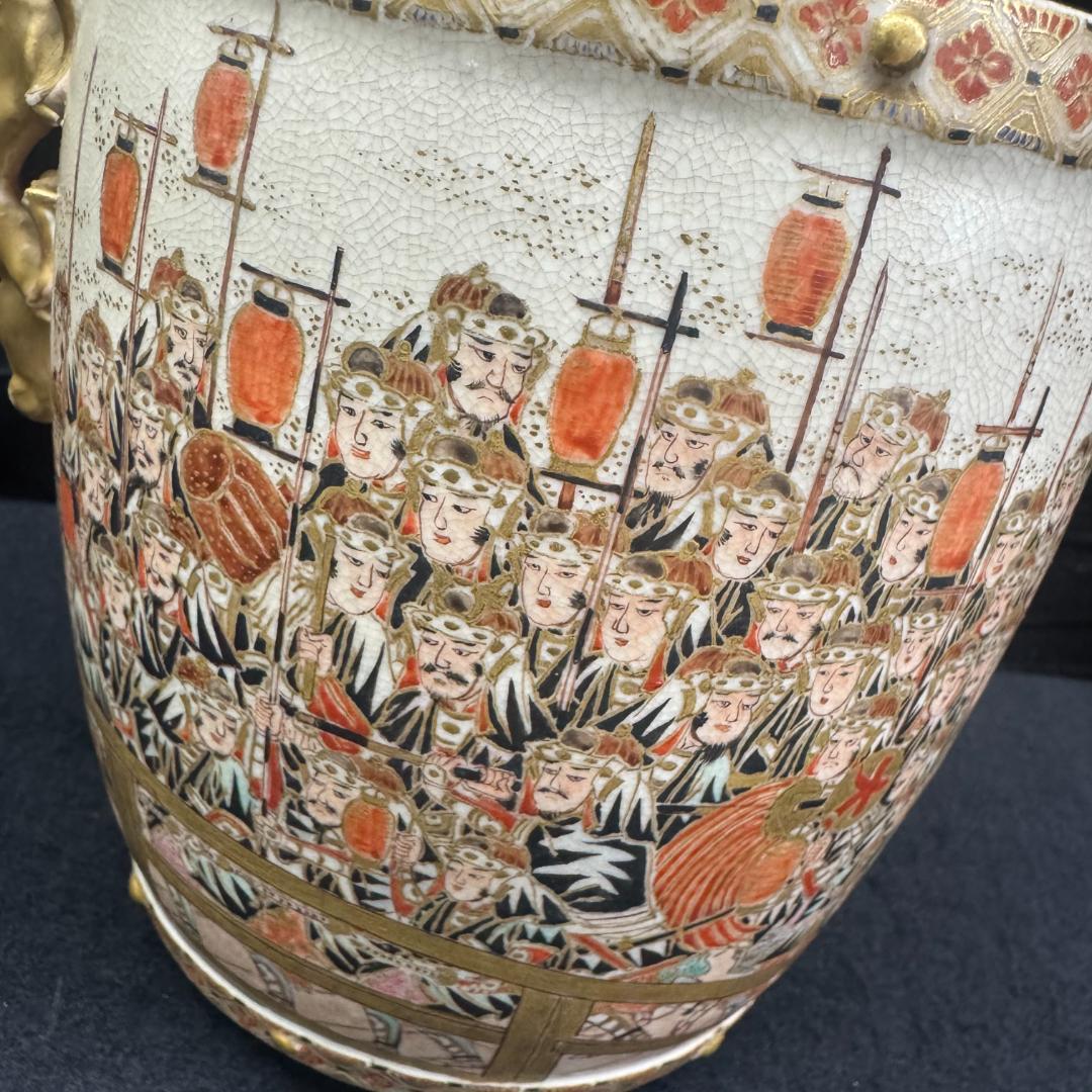 希少！薩摩焼 武将図 金彩香炉 獅子摘 古薩摩 箱付 名家旧蔵 明治時代