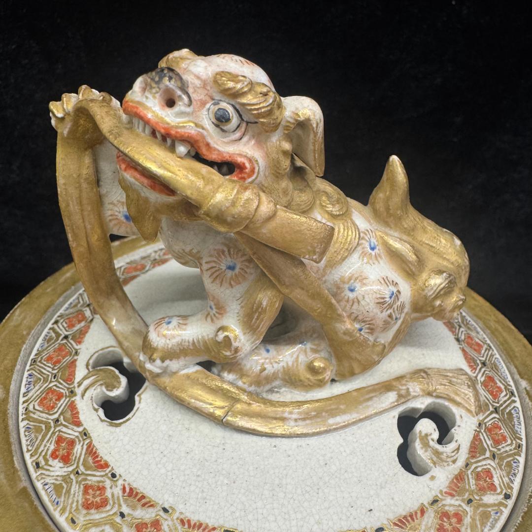 希少！薩摩焼 武将図 金彩香炉 獅子摘 古薩摩 箱付 名家旧蔵 明治時代