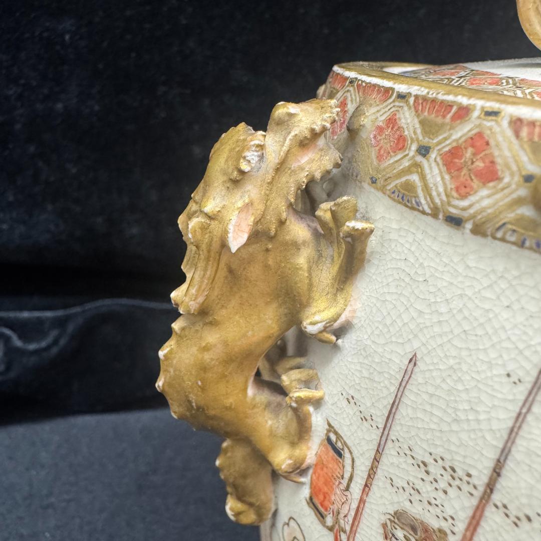 希少！薩摩焼 武将図 金彩香炉 獅子摘 古薩摩 箱付 名家旧蔵 明治時代