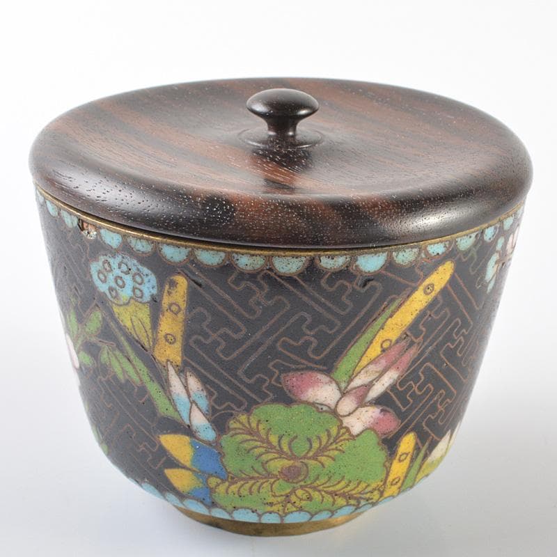 中国　古七宝琺瑯彩　花文　煎茶碗　黒柿蓋　時代箱　C　R6444