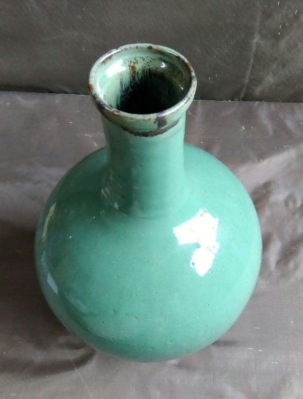 骨董　青緑色　細首　丸大壺
