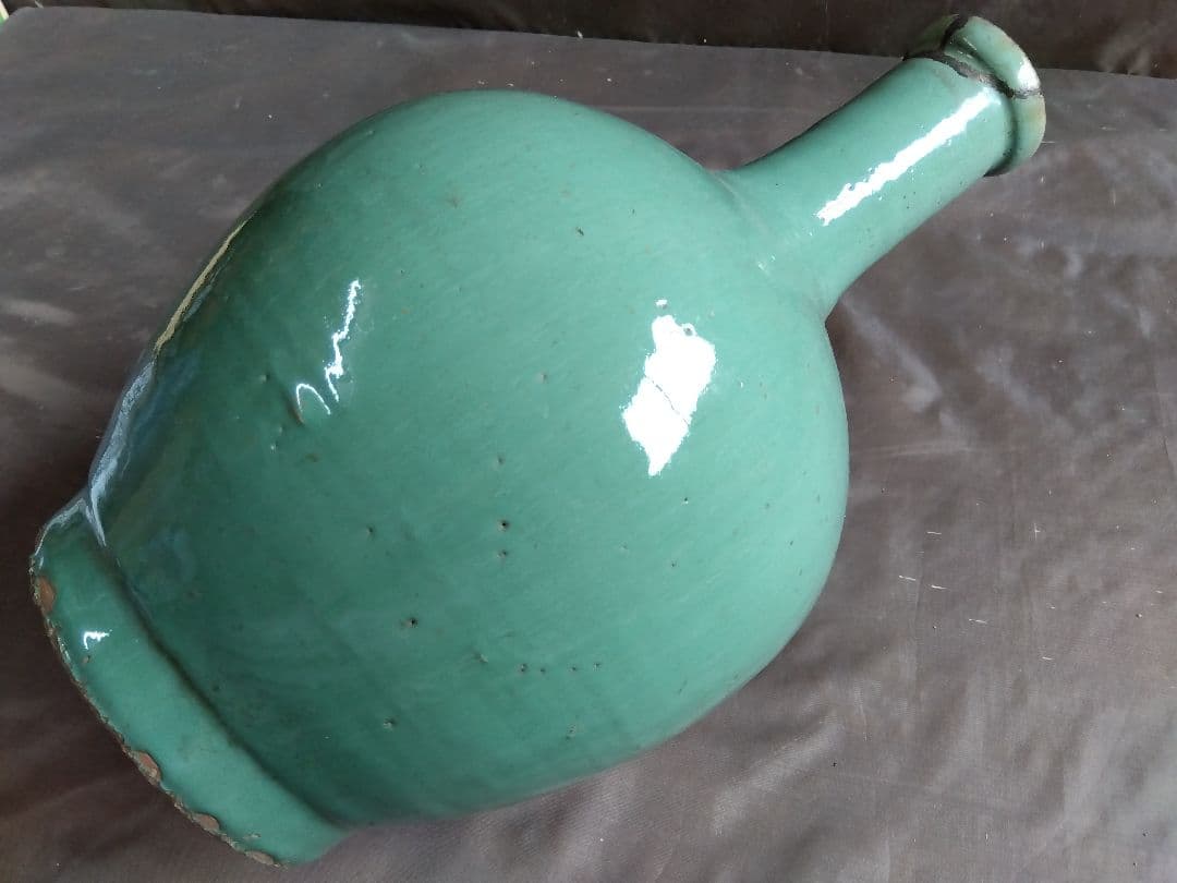 骨董　青緑色　細首　丸大壺