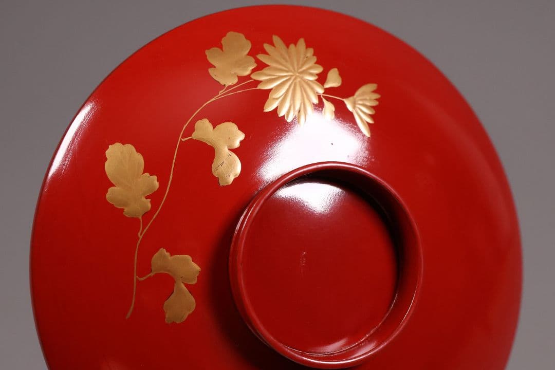 【MA776】時代木製漆器 桐鳳凰・菊 金蒔絵 朱塗 引盃 五客 木製漆器 小皿