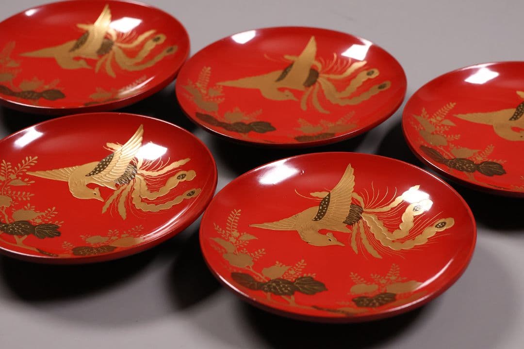 【MA776】時代木製漆器 桐鳳凰・菊 金蒔絵 朱塗 引盃 五客 木製漆器 小皿