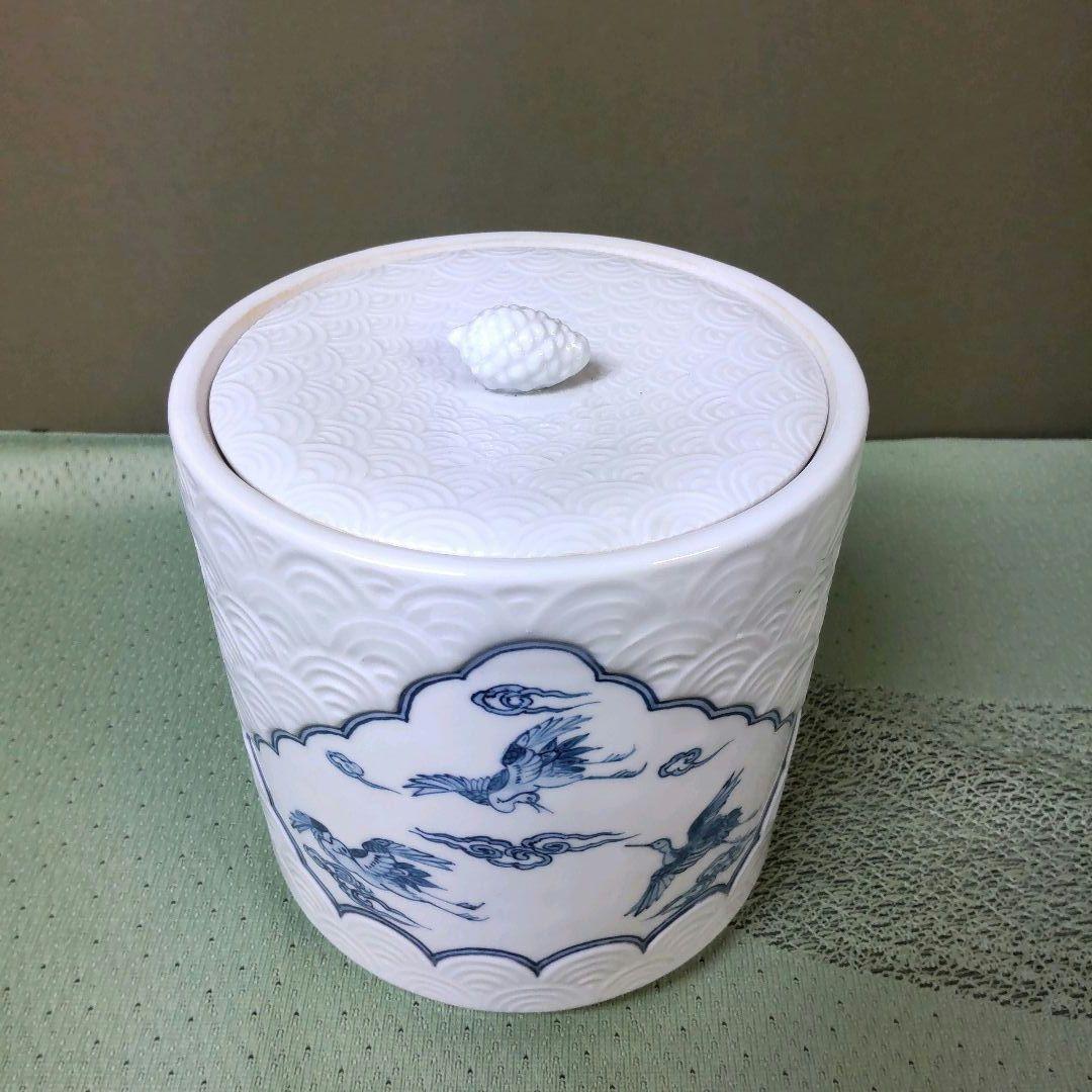 823）✿特価☆有田焼☆喜兵衛窯作☆青海波彫雲鶴絵水差【木箱入】破魔