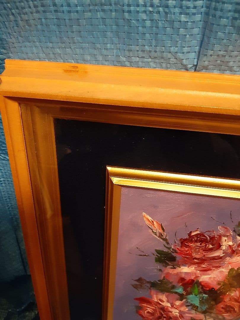 バラ 薔薇 花束 油彩画 金色フレーム 油絵　作者不明