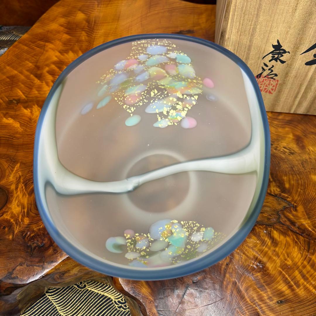 石井康治 手吹硝子(手吹ガラス)金彩 花吹雪 鉢 共箱 日本ガラス