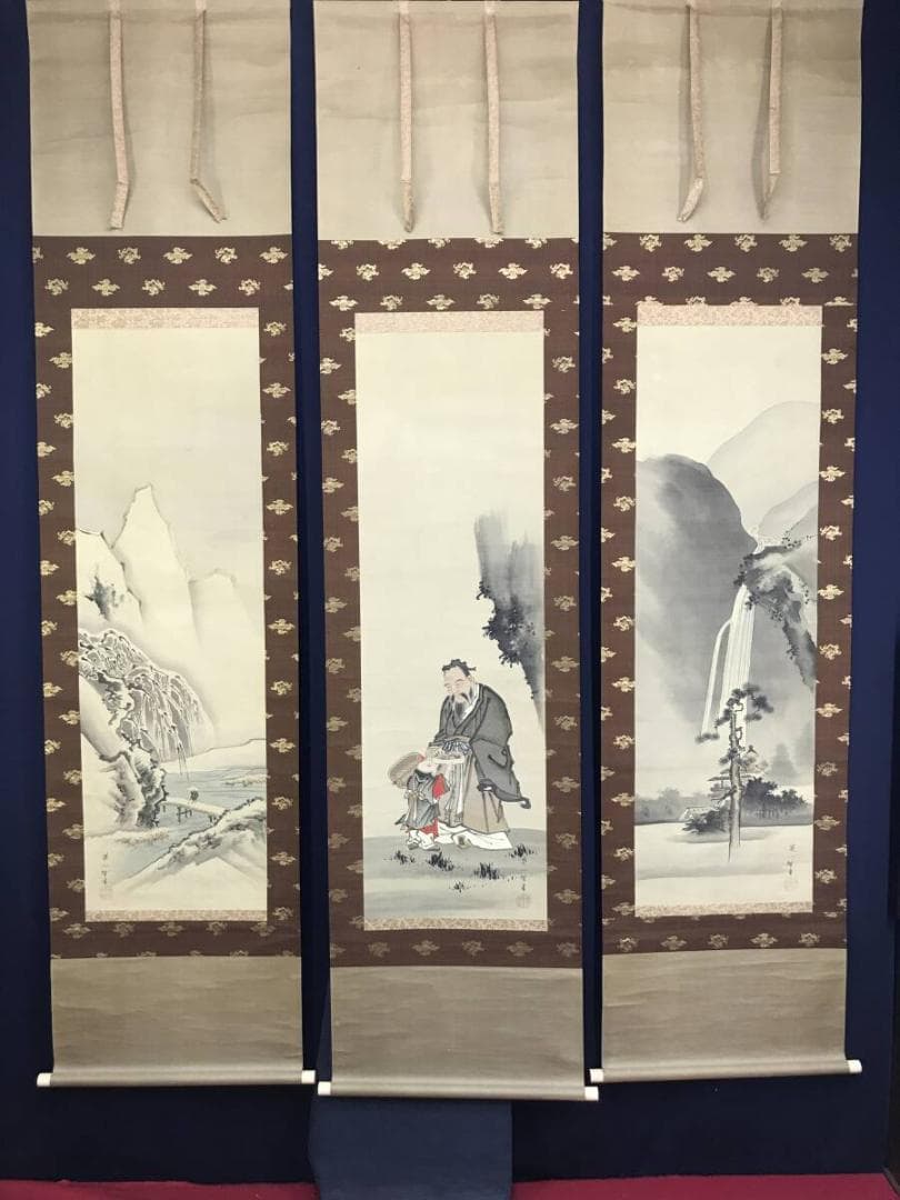 模写/英一蝶/東方朔図/桃仙人図/山水人物図/三幅対/掛軸☆宝船☆AH-692