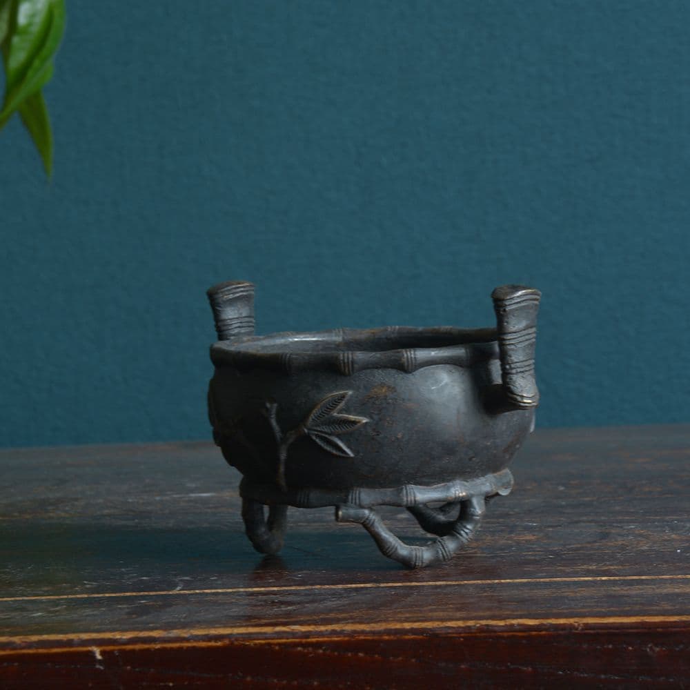 銅炉 香炉【福地洞天】 三足竹節紋香炉 宣徳炉 茶道香道具 工芸品 置物