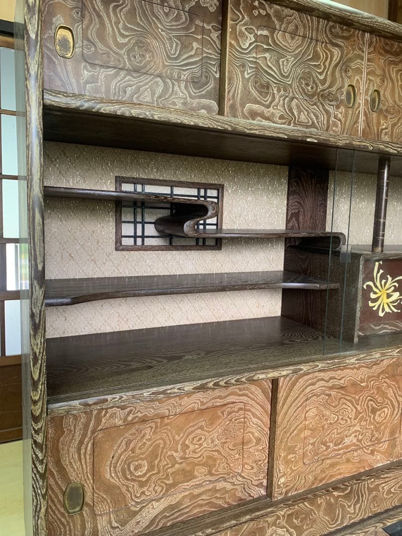 しい木目の昭和レトロ茶箪笥 和家具 木製 一体型