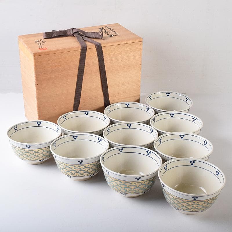 茶道具 京焼 平安桐鳳造 安南青海波文 数茶碗 十客 共