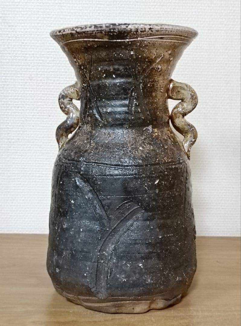 四代 高橋楽斎作 信楽耳付花入 共箱共布栞付