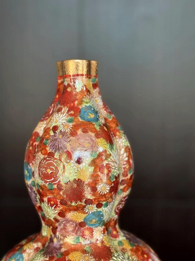 美品 薩摩焼 丸十字島津家紋入 花唐津 豪華絢爛 瓢箪型花瓶 金彩