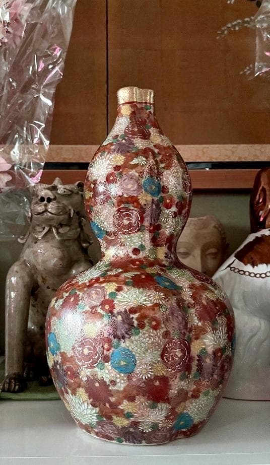 美品 薩摩焼 丸十字島津家紋入 花唐津 豪華絢爛 瓢箪型花瓶 金彩