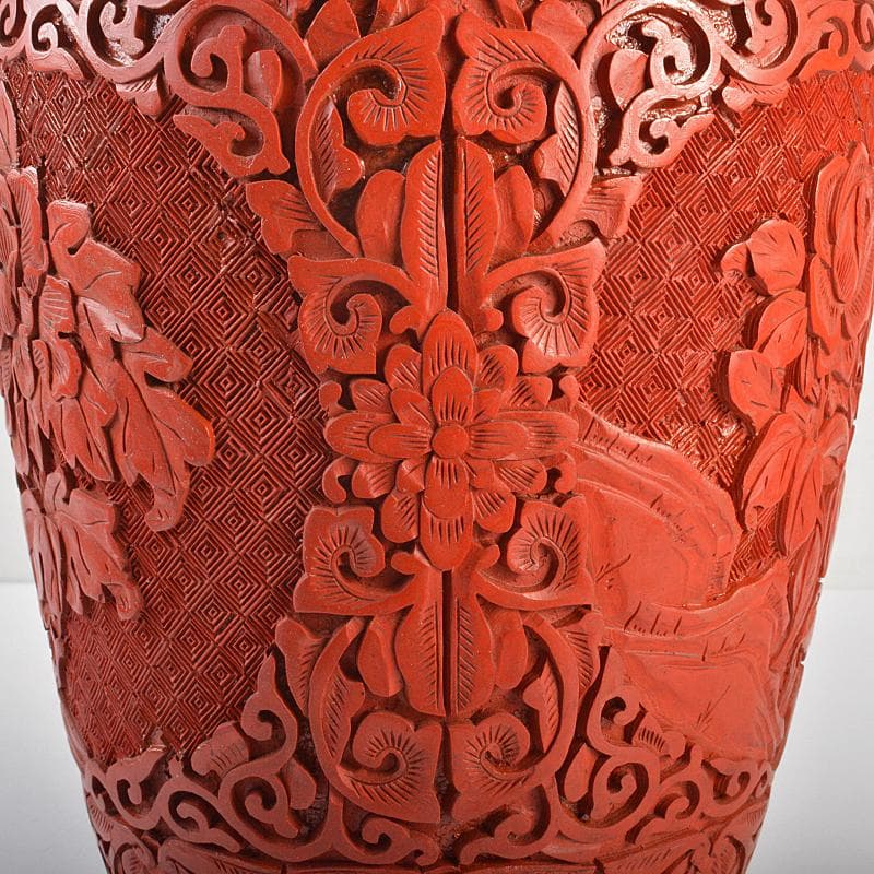 中国　剔紅　堆朱　内七宝　花文瓶　高さ約39㎝　唐木台付　Y　R7494B