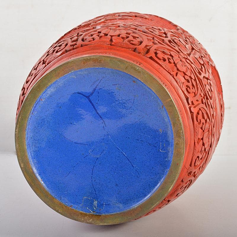 中国　剔紅　堆朱　内七宝　花文瓶　高さ約39㎝　唐木台付　Y　R7494B