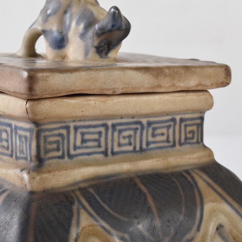 中国 青花 雷文 犬摘 四方香炉 時代箱付 M R8380