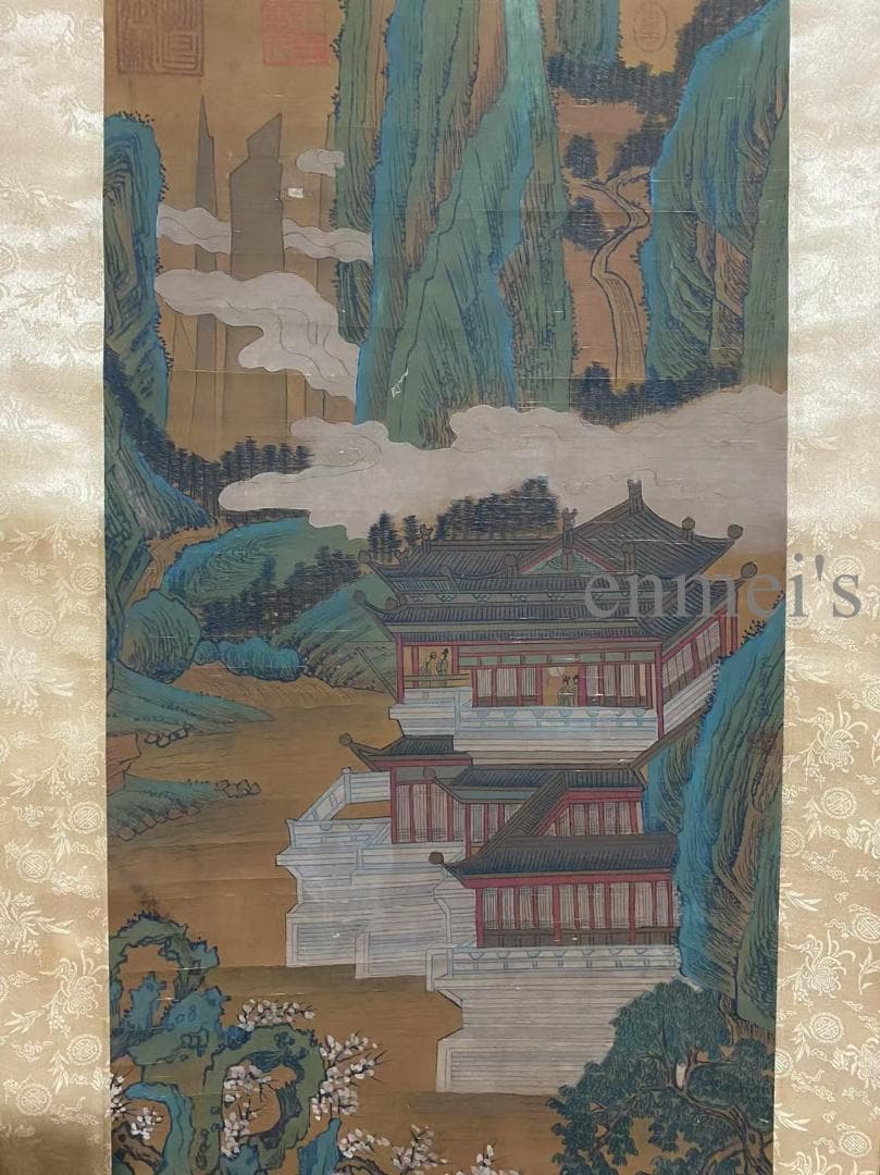 中国古美術 宋代 王希孟款 山水図 掛軸 絹本 肉筆 唐物 古画 書道