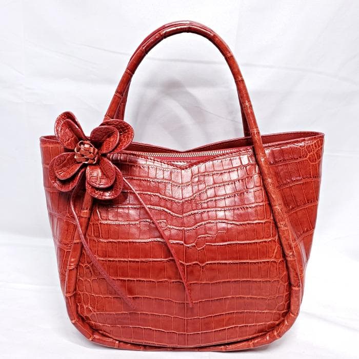 【美品】 BAGFAN クロコ レザー 本革 フラワーモチーフ ハンドバッグ