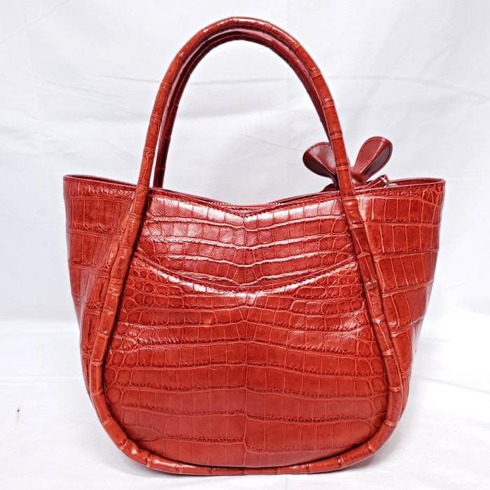 【美品】 BAGFAN クロコ レザー 本革 フラワーモチーフ ハンドバッグ