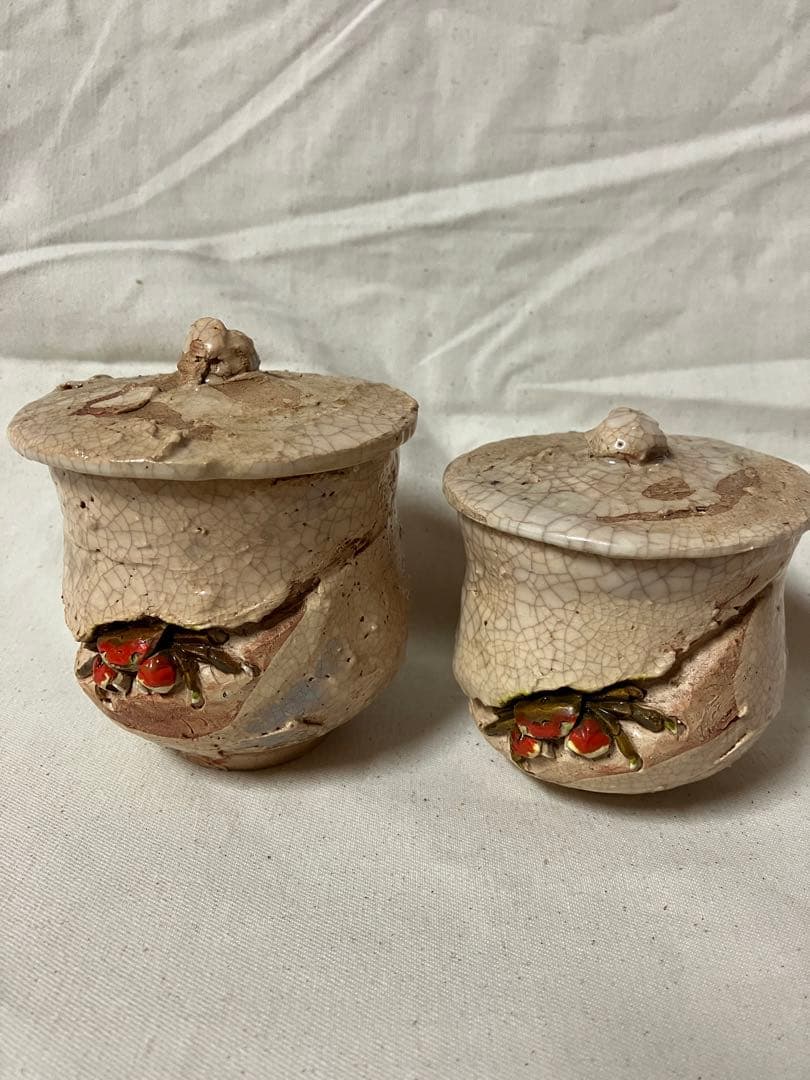 楽山焼蟹夫婦湯呑蓋付 //水月焼二六焼
