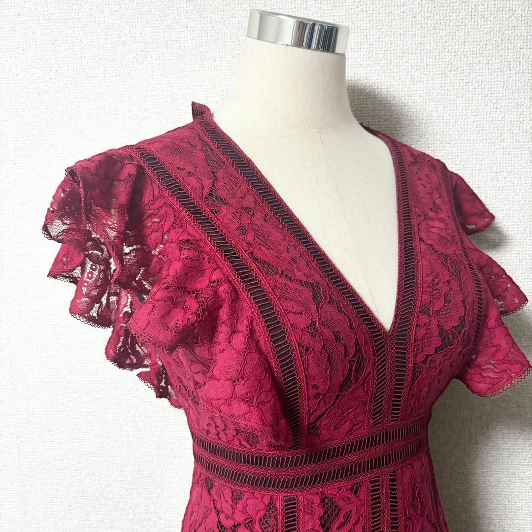 SETTANセッタン/総レースVネックAラインロングワンピースキャバドレス/2赤