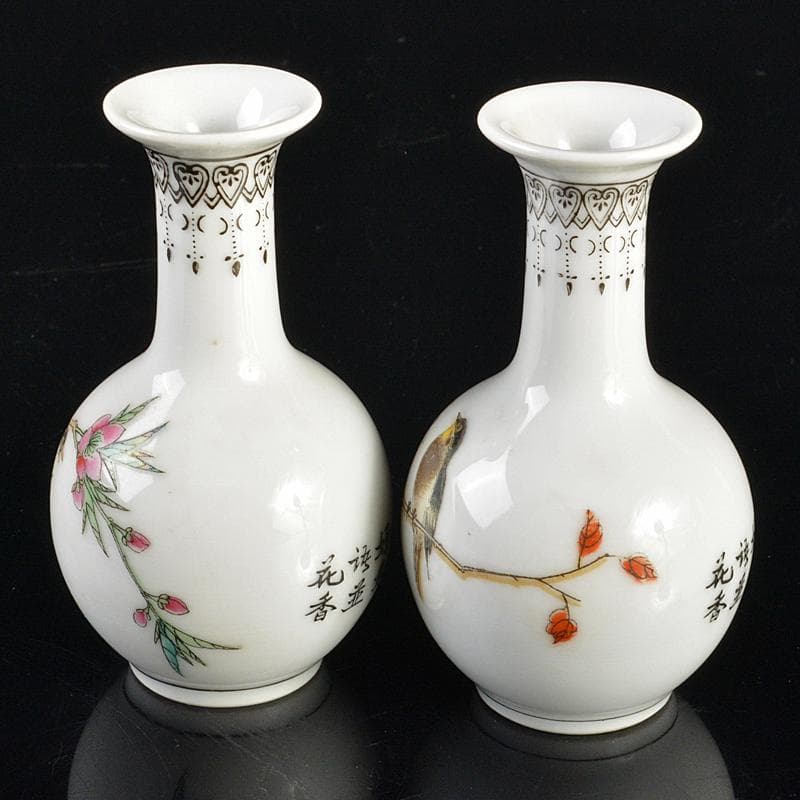 中国 中国景徳鎮製 粉彩 漢詩花鳥文 小瓶 一對 V R6638