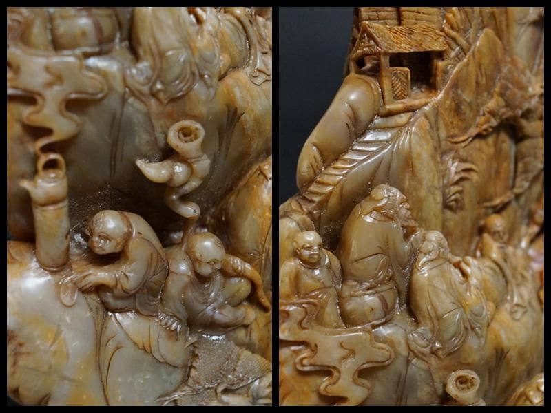 時代物 大型寿山石 高浮彫『祥瑞山水人物図』置物 手彫り擺件中国古賞