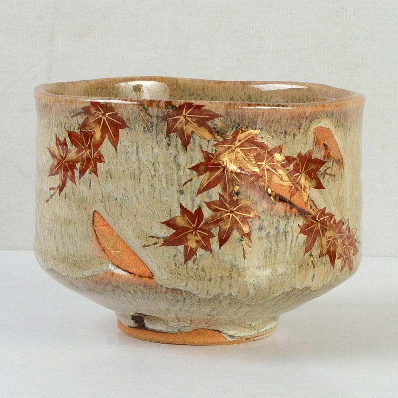 茶道具 京焼 秋峰窯 中村良二作 窯変紅葉絵 茶碗 共布共箱 V 9755
