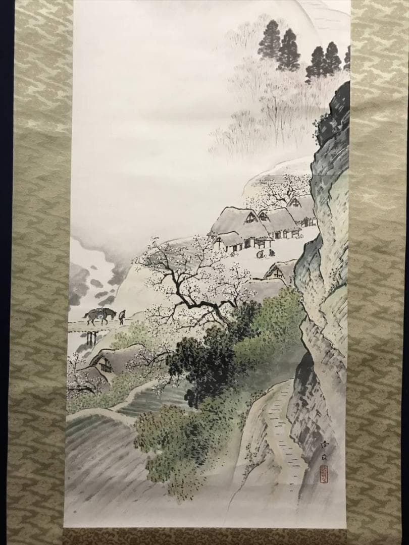 【真作】佐々木尚文/山家早春図/山水人物図/馬子図/掛軸/名家伝来/AB-793