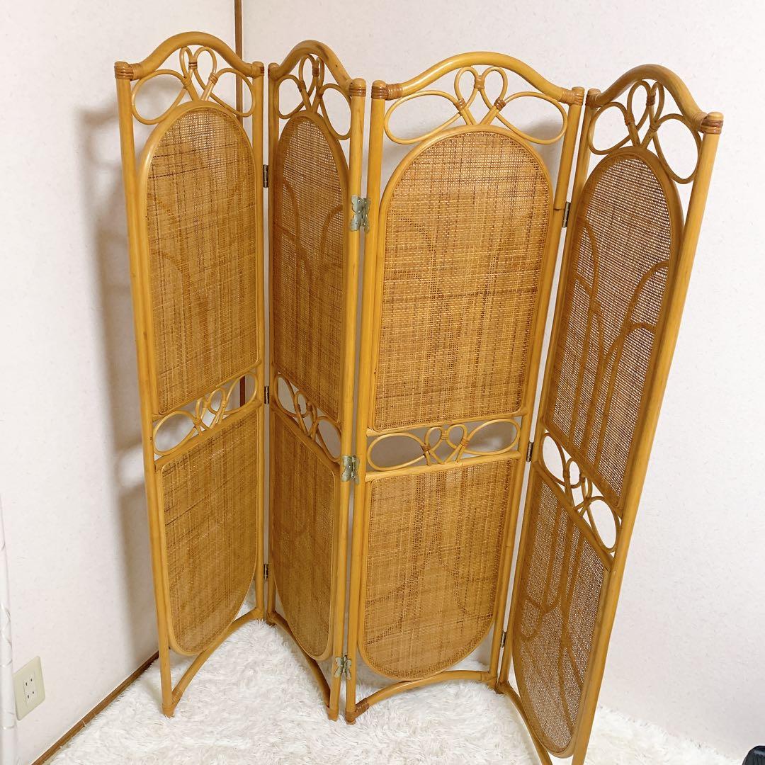 古い竹簾屏風 衝立 目隠し 四つ折り 透かし彫り 古民家 古道具 高級 桑