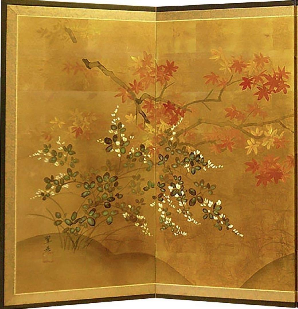 四つ折り屏風　日本画　金箔彩色　紅葉に露草